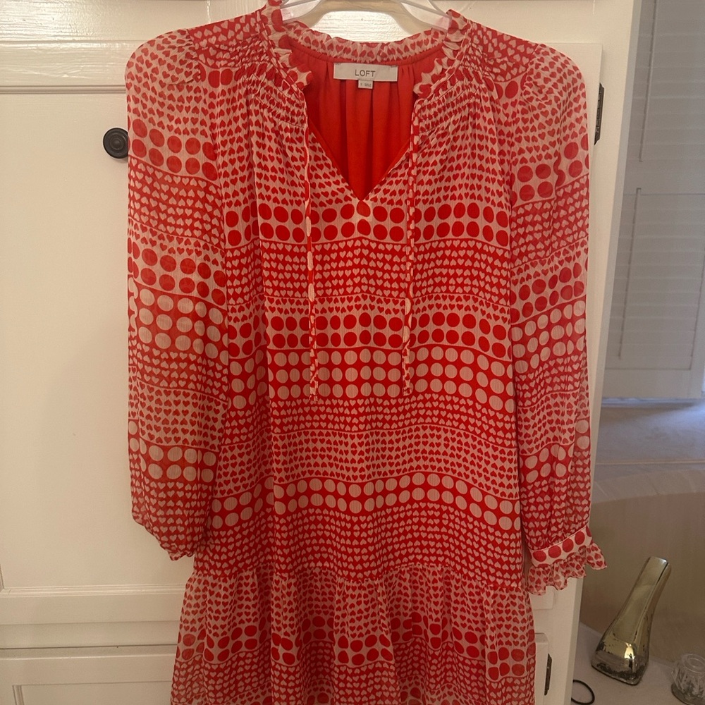 LOFT Red and White Heart Pattern Dress